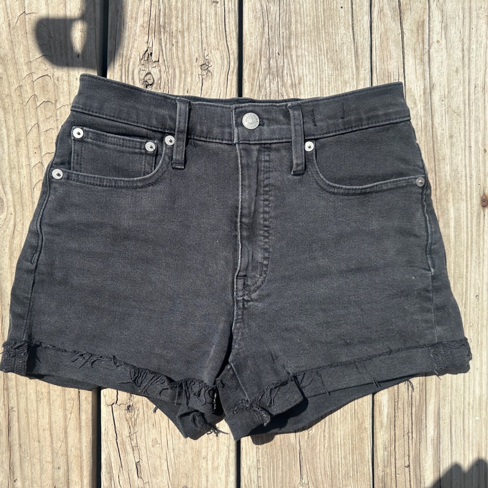 Madewell High Rise Black Distressed Denim Shorts, Size 24”